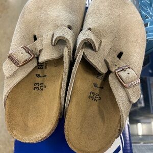 Birkenstock Taupe Suede Clogs with Buckles